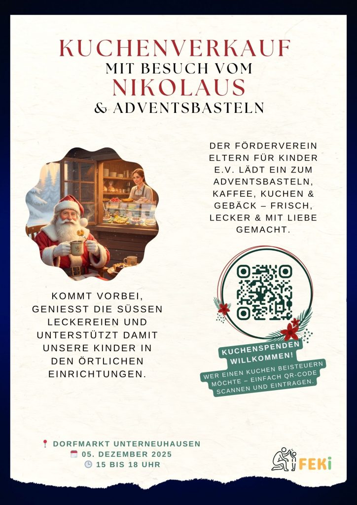 Kuchenverkauf am 5.12.2025 auf dem Dorfmarkt mit Nikolaus-Besuch und Basteln